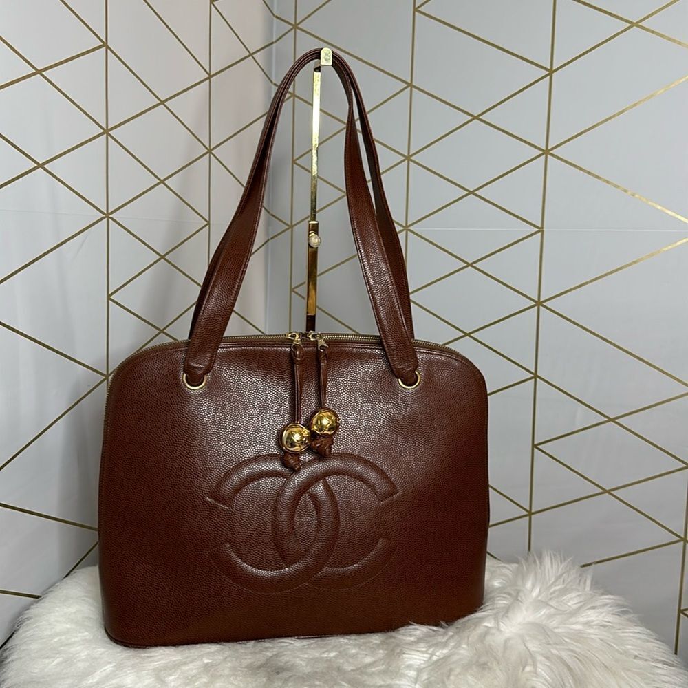 Chanel Vintage Caviar Leather CC Double Zip Tote Bag Brown